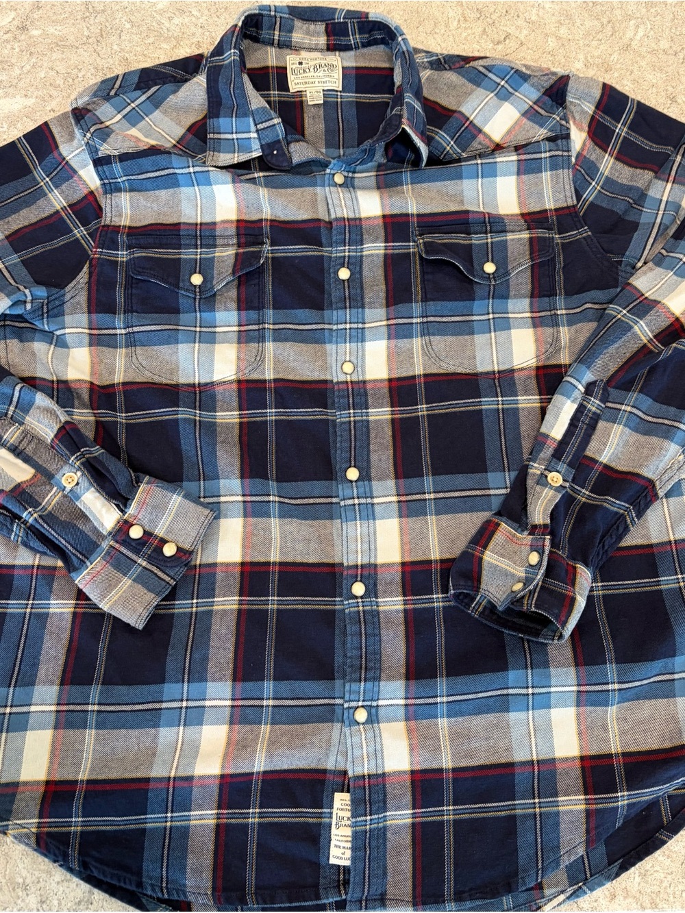 Lucky Brand Navy and Light Blue Plaid Button-Down Shirt with Pearl Snaps-XL